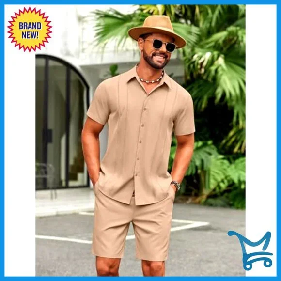 Men's 2 Piece Cuban Guayabera Shirt & Shorts Summer Beach Vacation Set